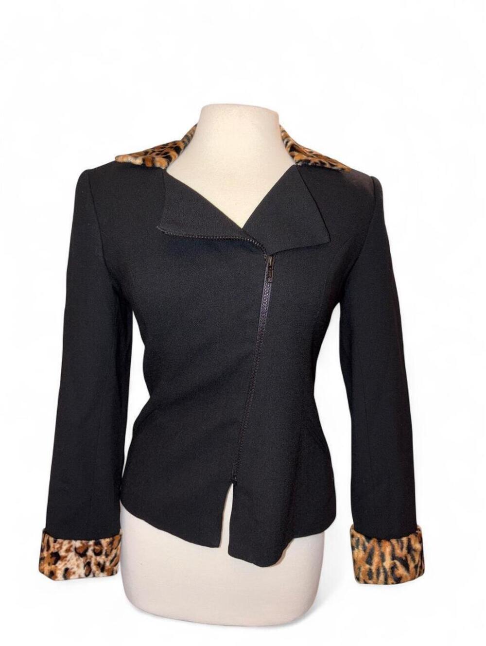 Vintage 90s Taiga Paris Black 100% Wool Blazer Jacket with Leopard Trim - Size 6